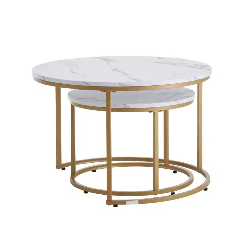 VEVOR Nesting Coffee Table Set of 2, 27.6 in Round Coffee Table, Nesting Tables, Vintage End Side Tables Night Stand with Metal Frame, White & Gold