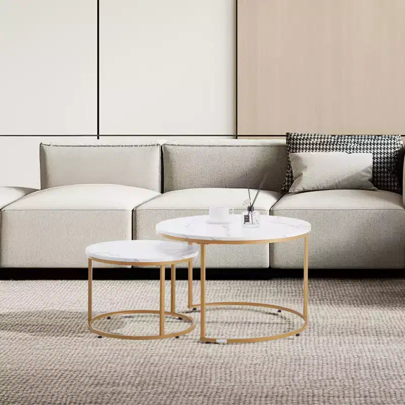 VEVOR Nesting Coffee Table Set of 2, 27.6 in Round Coffee Table, Nesting Tables, Vintage End Side Tables Night Stand with Metal Frame, White & Gold