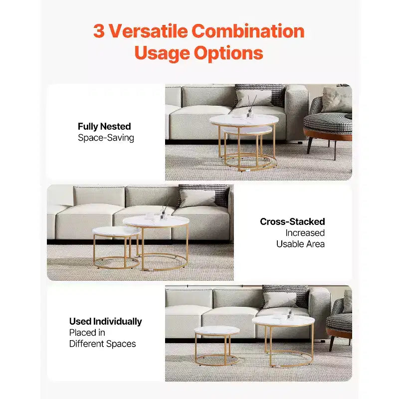 VEVOR Nesting Coffee Table Set of 2, 27.6 in Round Coffee Table, Nesting Tables, Vintage End Side Tables Night Stand with Metal Frame, White & Gold