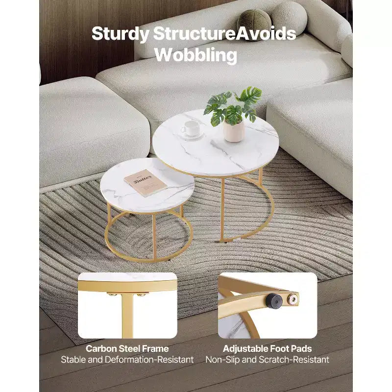 VEVOR Nesting Coffee Table Set of 2, 27.6 in Round Coffee Table, Nesting Tables, Vintage End Side Tables Night Stand with Metal Frame, White & Gold