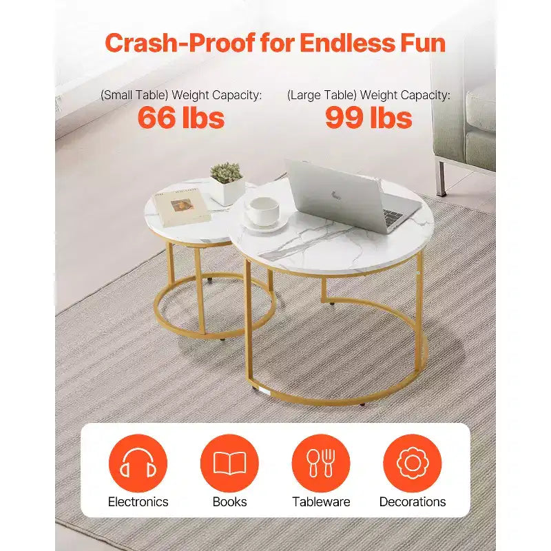 VEVOR Nesting Coffee Table Set of 2, 27.6 in Round Coffee Table, Nesting Tables, Vintage End Side Tables Night Stand with Metal Frame, White & Gold