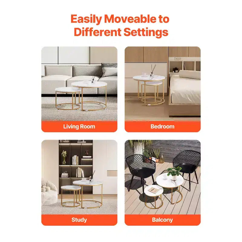 VEVOR Nesting Coffee Table Set of 2, 27.6 in Round Coffee Table, Nesting Tables, Vintage End Side Tables Night Stand with Metal Frame, White & Gold