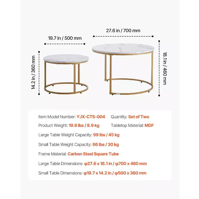 VEVOR Nesting Coffee Table Set of 2, 27.6 in Round Coffee Table, Nesting Tables, Vintage End Side Tables Night Stand with Metal Frame, White & Gold