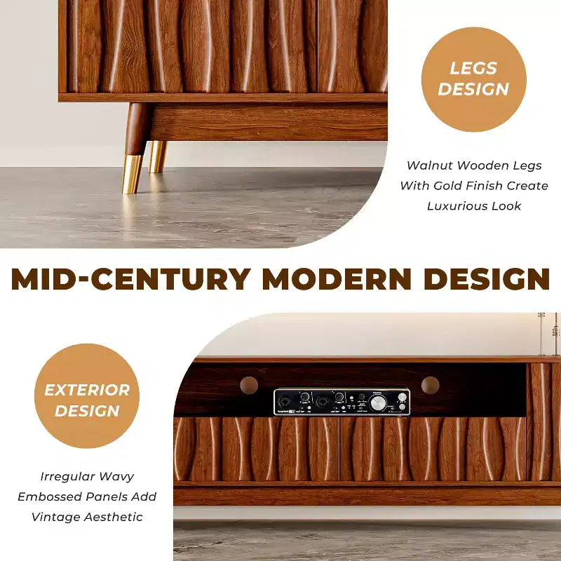 ATJafurn TV Stand, Glass Display Cabinet and Coffee Table Set, Mid-century Living Room Three-piece Set Entertainment Center up to 85 TV, Walnut