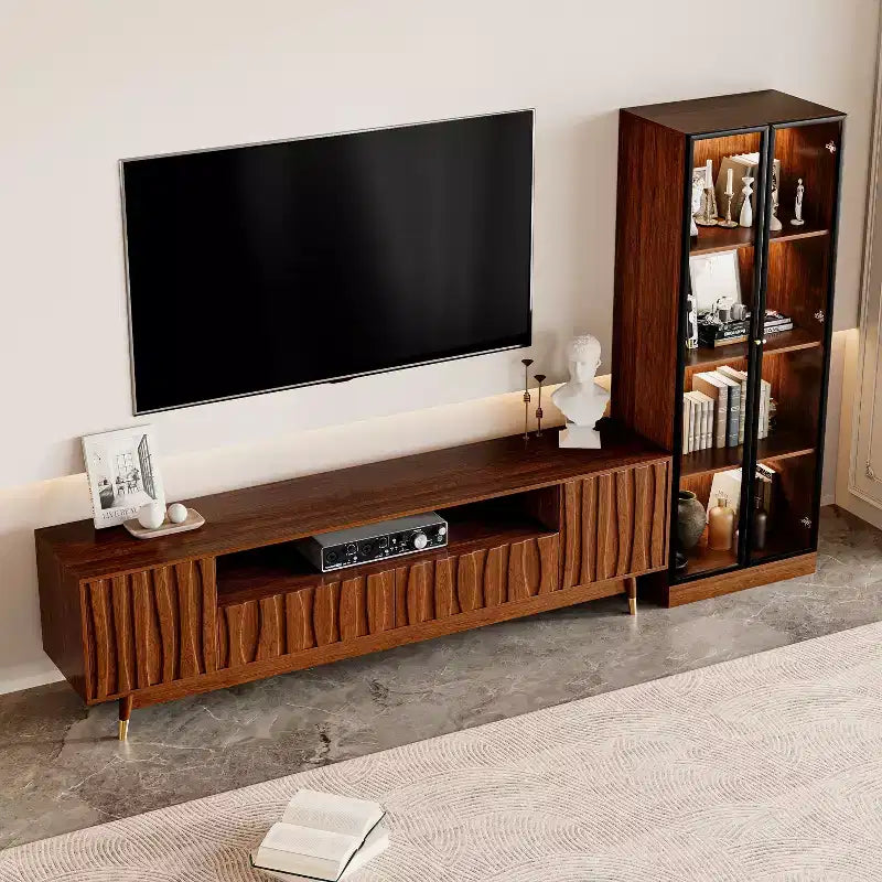 ATJafurn TV Stand, Glass Display Cabinet and Coffee Table Set, Mid-century Living Room Three-piece Set Entertainment Center up to 85 TV, Walnut