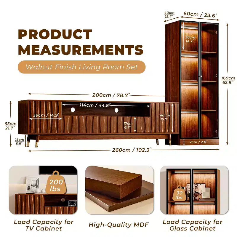 ATJafurn TV Stand, Glass Display Cabinet and Coffee Table Set, Mid-century Living Room Three-piece Set Entertainment Center up to 85 TV, Walnut
