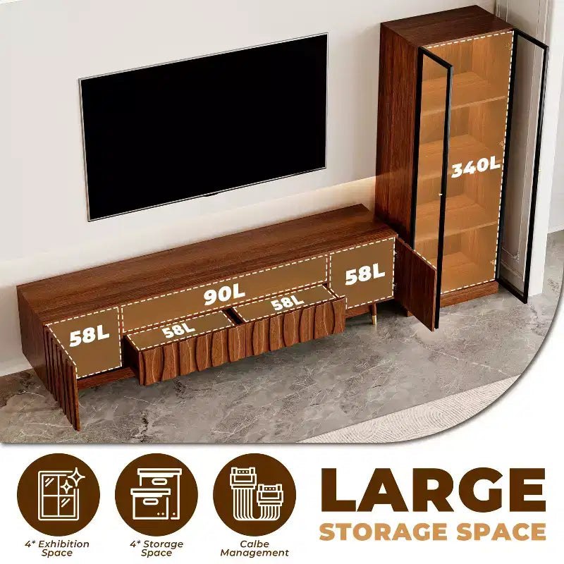 ATJafurn TV Stand, Glass Display Cabinet and Coffee Table Set, Mid-century Living Room Three-piece Set Entertainment Center up to 85 TV, Walnut