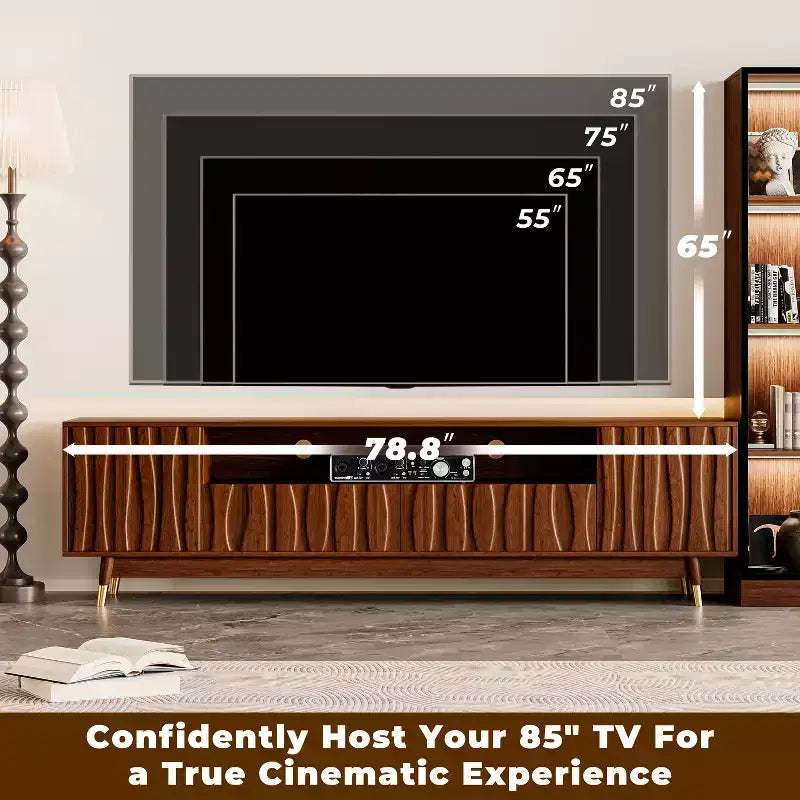 ATJafurn TV Stand, Glass Display Cabinet and Coffee Table Set, Mid-century Living Room Three-piece Set Entertainment Center up to 85 TV, Walnut