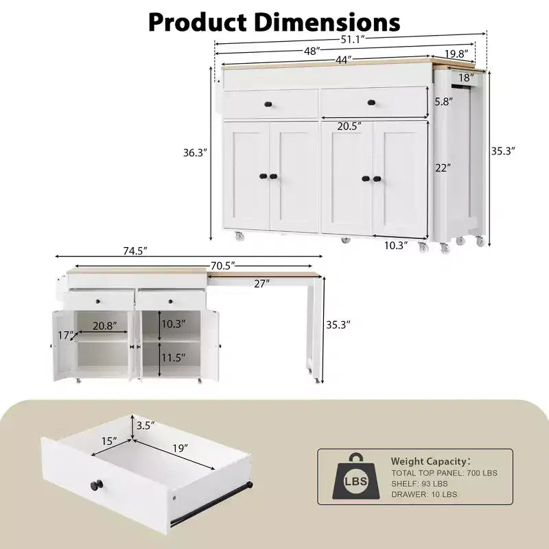 GDFStudio Galen 74.5 Rolling Kitchen Island with Extendable Dining Table, 2 Drawers and 4 Door Cabinet