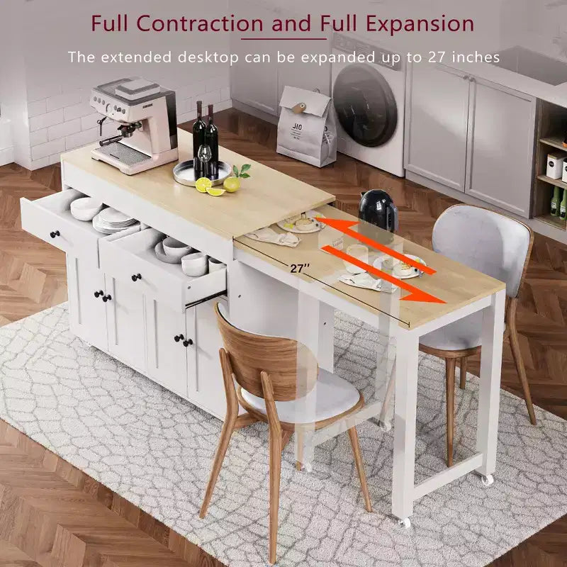GDFStudio Galen 74.5 Rolling Kitchen Island with Extendable Dining Table, 2 Drawers and 4 Door Cabinet