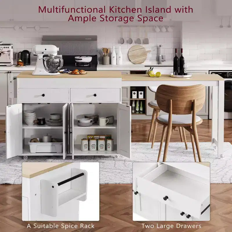 GDFStudio Galen 74.5 Rolling Kitchen Island with Extendable Dining Table, 2 Drawers and 4 Door Cabinet