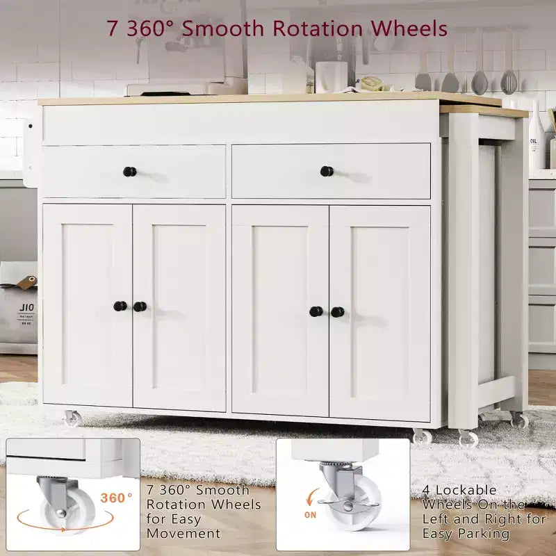 GDFStudio Galen 74.5 Rolling Kitchen Island with Extendable Dining Table, 2 Drawers and 4 Door Cabinet