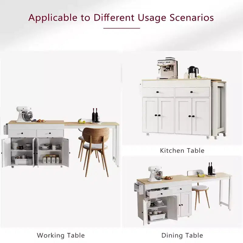 GDFStudio Galen 74.5 Rolling Kitchen Island with Extendable Dining Table, 2 Drawers and 4 Door Cabinet