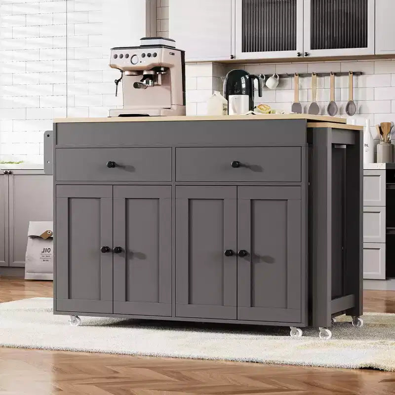 GDFStudio Galen 74.5 Rolling Kitchen Island with Extendable Dining Table, 2 Drawers and 4 Door Cabinet