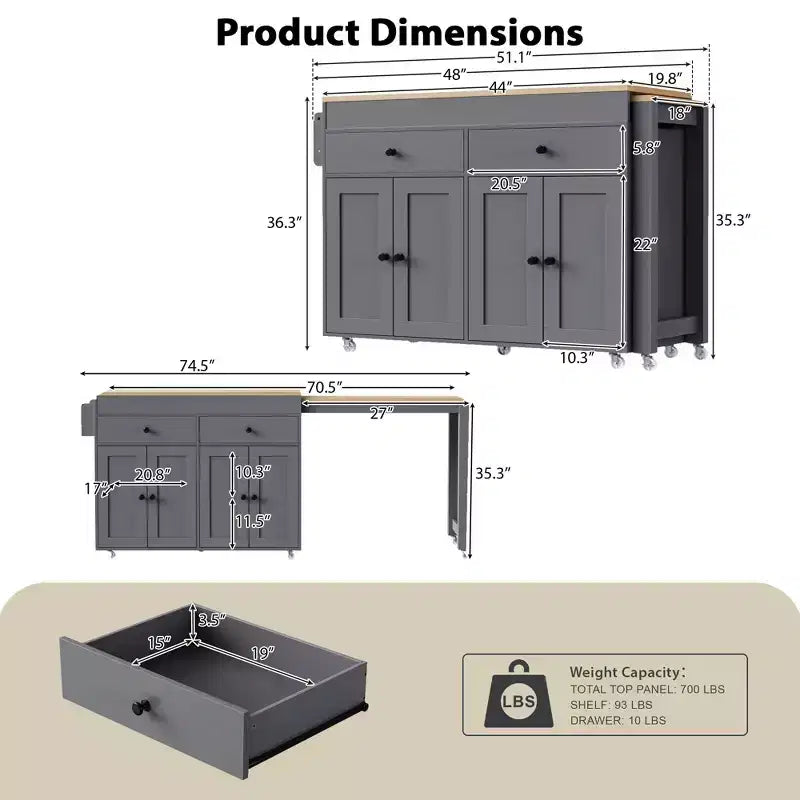 GDFStudio Galen 74.5 Rolling Kitchen Island with Extendable Dining Table, 2 Drawers and 4 Door Cabinet