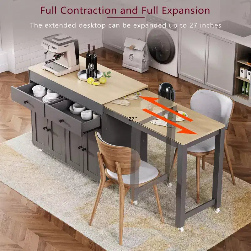 GDFStudio Galen 74.5 Rolling Kitchen Island with Extendable Dining Table, 2 Drawers and 4 Door Cabinet