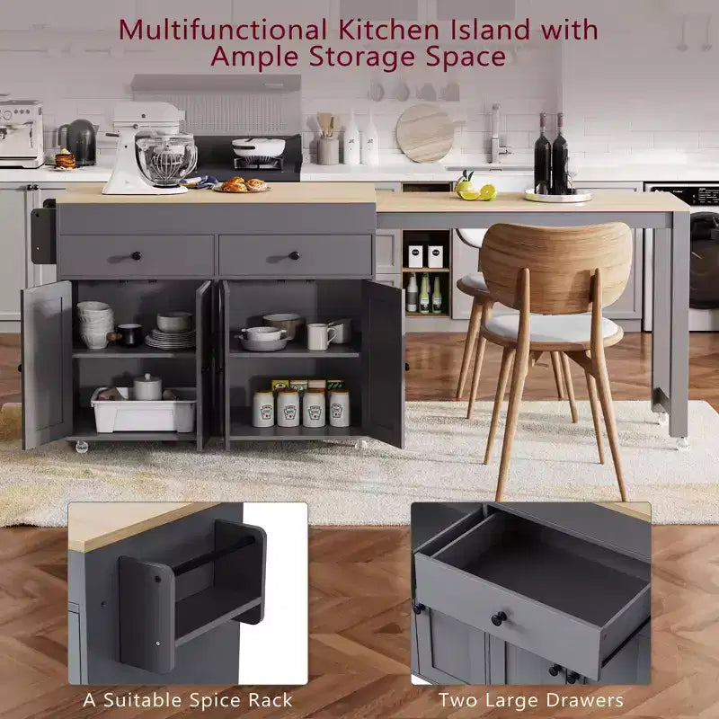 GDFStudio Galen 74.5 Rolling Kitchen Island with Extendable Dining Table, 2 Drawers and 4 Door Cabinet