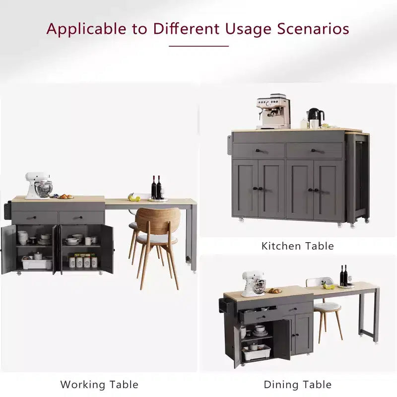 GDFStudio Galen 74.5 Rolling Kitchen Island with Extendable Dining Table, 2 Drawers and 4 Door Cabinet