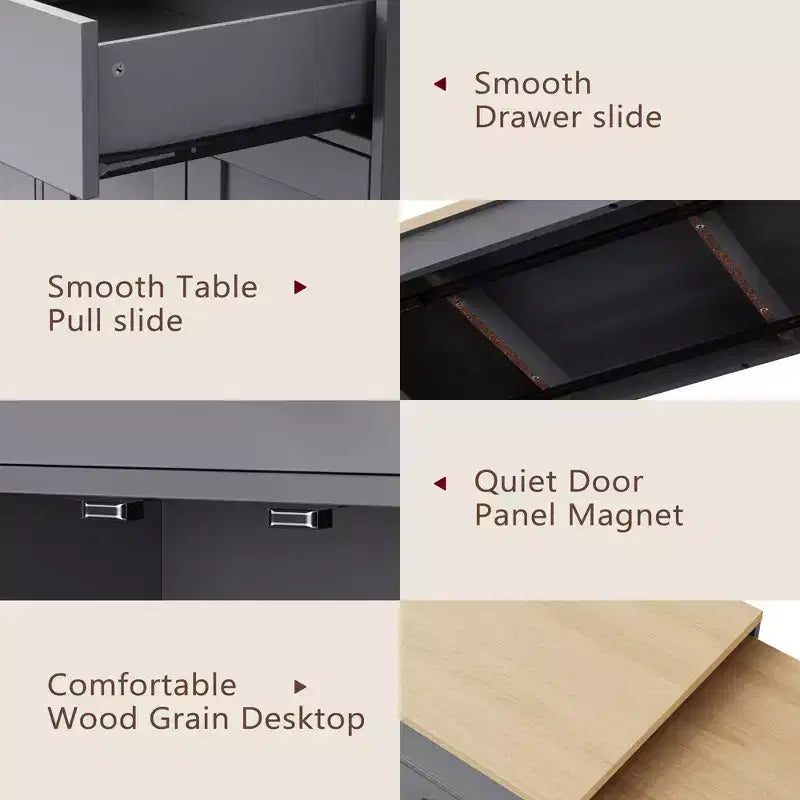 GDFStudio Galen 74.5 Rolling Kitchen Island with Extendable Dining Table, 2 Drawers and 4 Door Cabinet