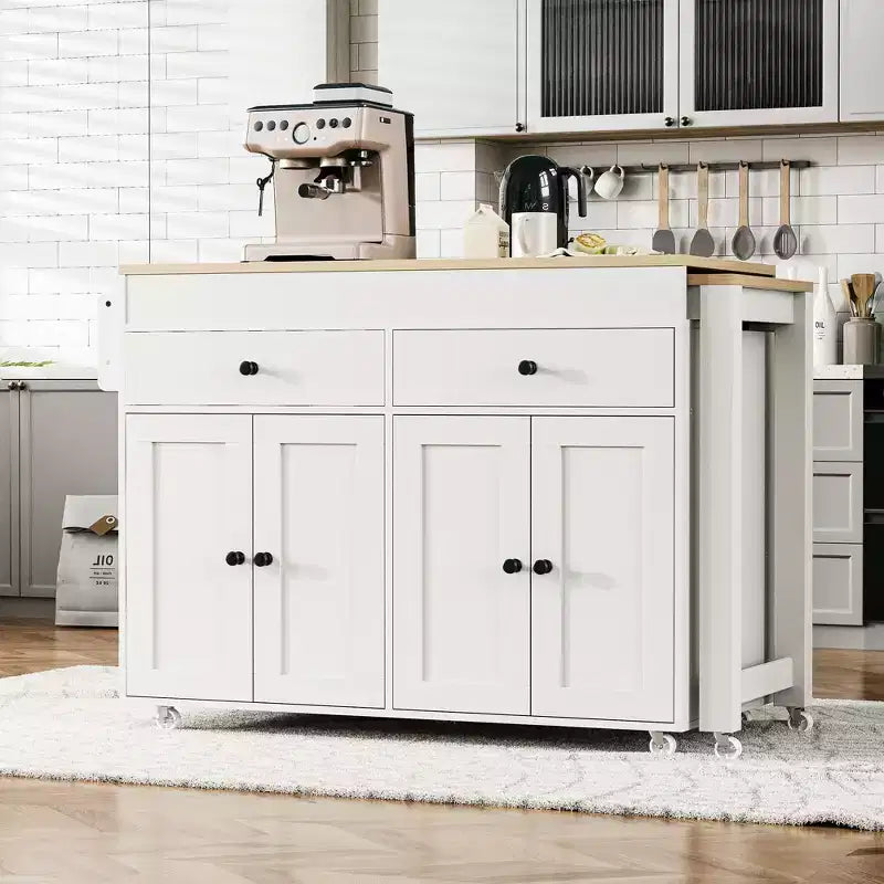 GDFStudio Galen 74.5 Rolling Kitchen Island with Extendable Dining Table, 2 Drawers and 4 Door Cabinet