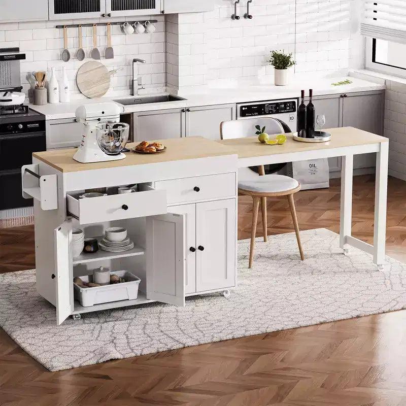 GDFStudio Galen 74.5 Rolling Kitchen Island with Extendable Dining Table, 2 Drawers and 4 Door Cabinet