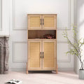 Four-Door Storage Cabinet with Woven Rattan Design, Adjustable Shelves, and Versatile Style for Living and Dining Rooms