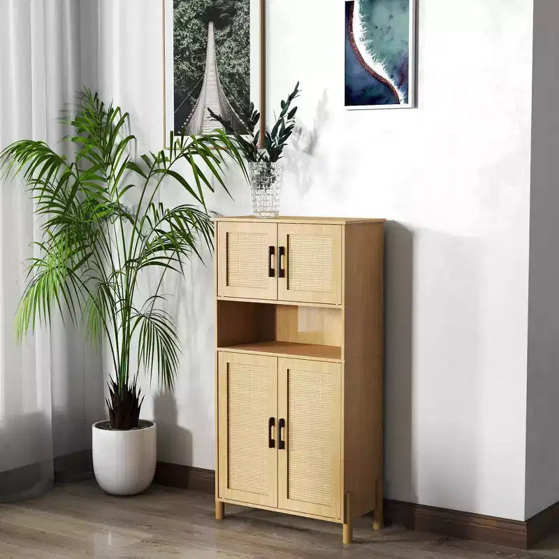 Four-Door Storage Cabinet with Woven Rattan Design, Adjustable Shelves, and Versatile Style for Living and Dining Rooms
