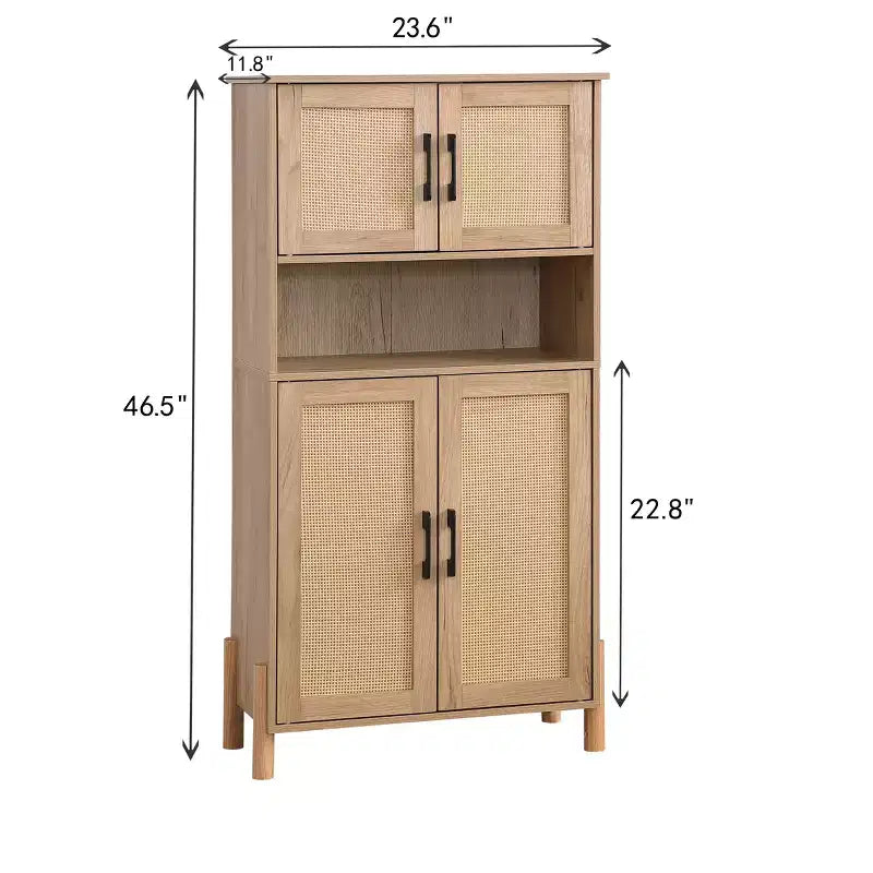 Four-Door Storage Cabinet with Woven Rattan Design, Adjustable Shelves, and Versatile Style for Living and Dining Rooms
