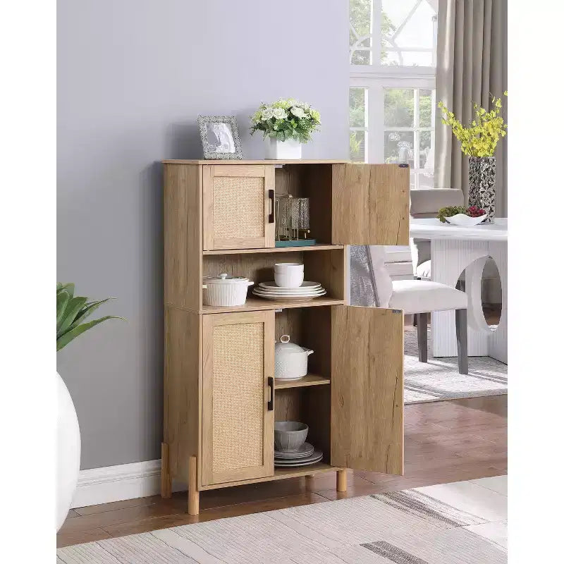 Four-Door Storage Cabinet with Woven Rattan Design, Adjustable Shelves, and Versatile Style for Living and Dining Rooms