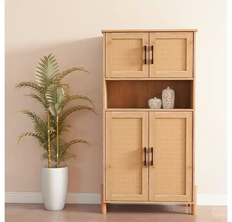 Four-Door Storage Cabinet with Woven Rattan Design, Adjustable Shelves, and Versatile Style for Living and Dining Rooms