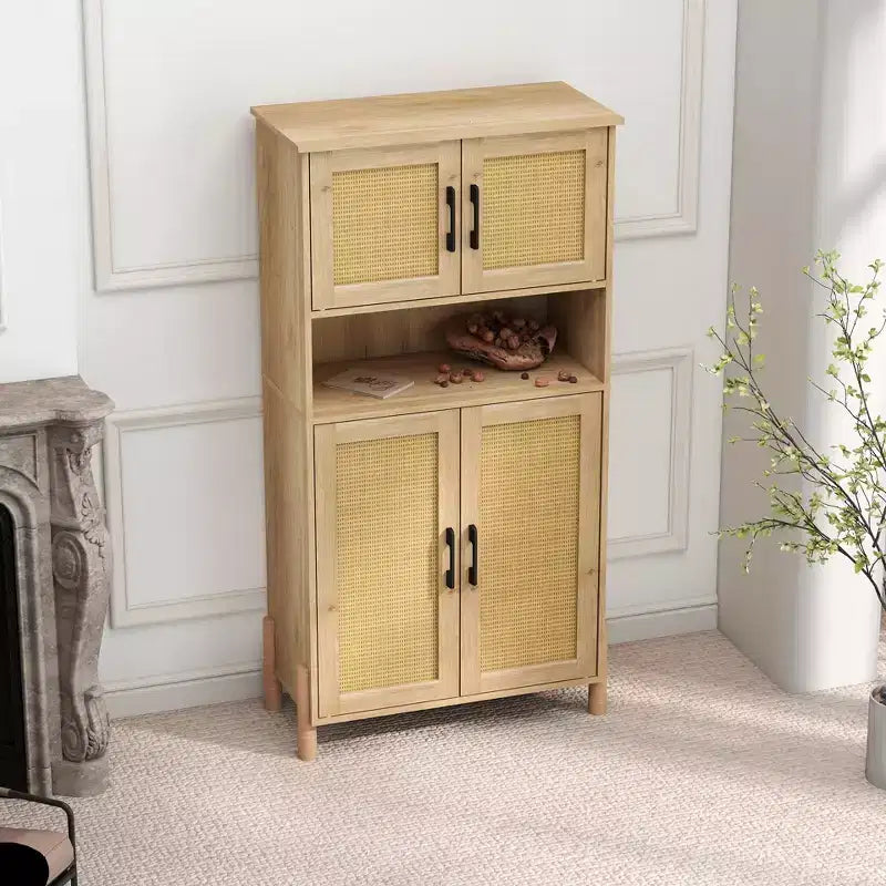 Four-Door Storage Cabinet with Woven Rattan Design, Adjustable Shelves, and Versatile Style for Living and Dining Rooms