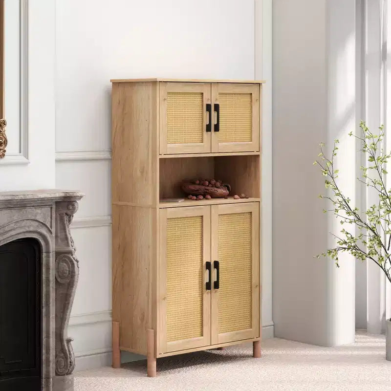 Four-Door Storage Cabinet with Woven Rattan Design, Adjustable Shelves, and Versatile Style for Living and Dining Rooms