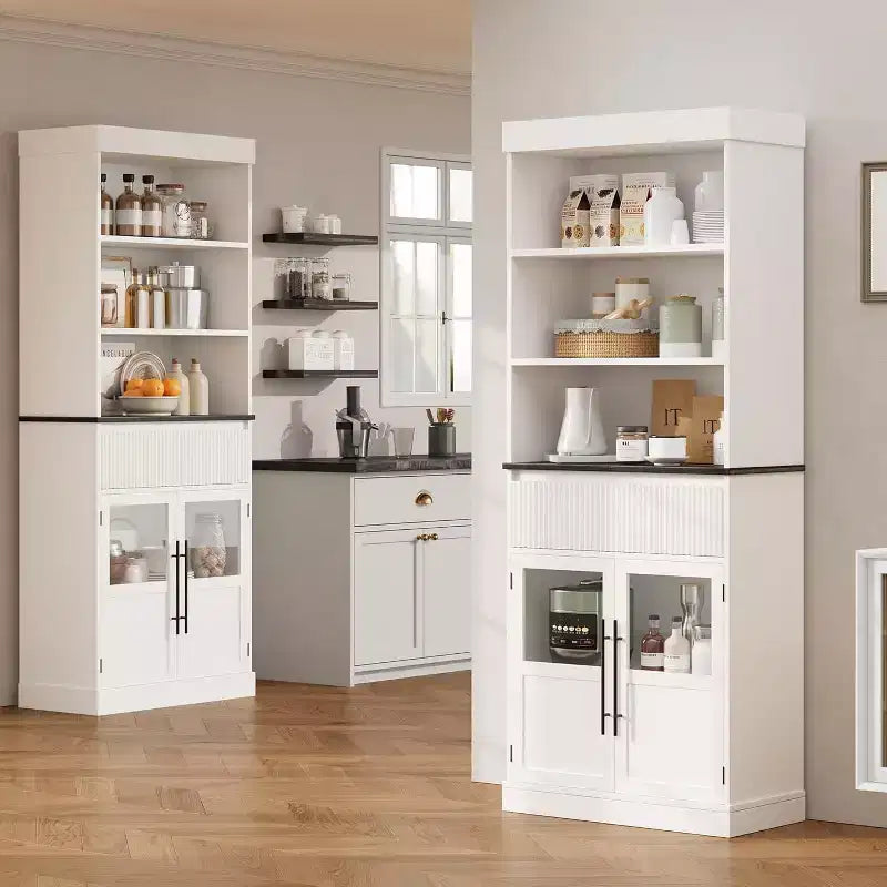 70 Tall Kitchen Pantry Cabinet with Drawer & Glass Doors, Floor Storage Cabinet for Bathroom, Office, Living Room, Dining Room, Entryway