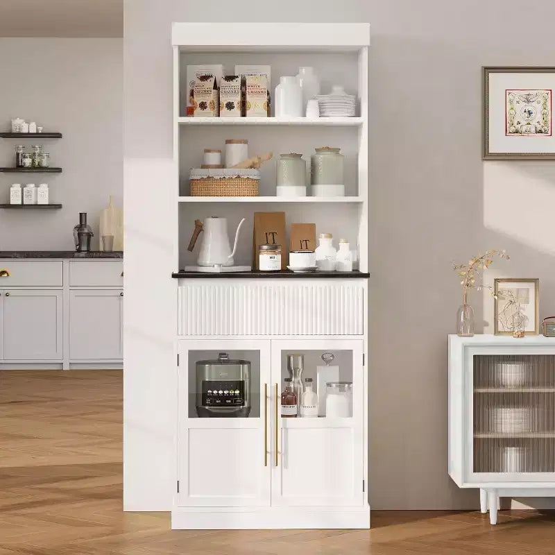 70 Tall Kitchen Pantry Cabinet with Drawer & Glass Doors, Floor Storage Cabinet for Bathroom, Office, Living Room, Dining Room, Entryway