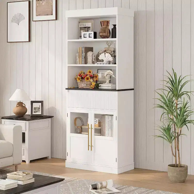 70 Tall Kitchen Pantry Cabinet with Drawer & Glass Doors, Floor Storage Cabinet for Bathroom, Office, Living Room, Dining Room, Entryway