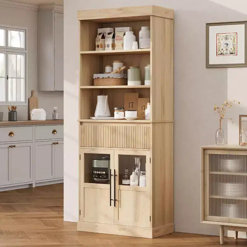 70 Tall Kitchen Pantry Cabinet with Drawer & Glass Doors, Floor Storage Cabinet for Bathroom, Office, Living Room, Dining Room, Entryway