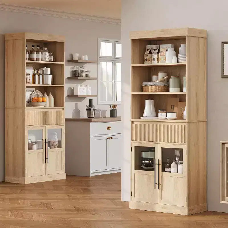70 Tall Kitchen Pantry Cabinet with Drawer & Glass Doors, Floor Storage Cabinet for Bathroom, Office, Living Room, Dining Room, Entryway