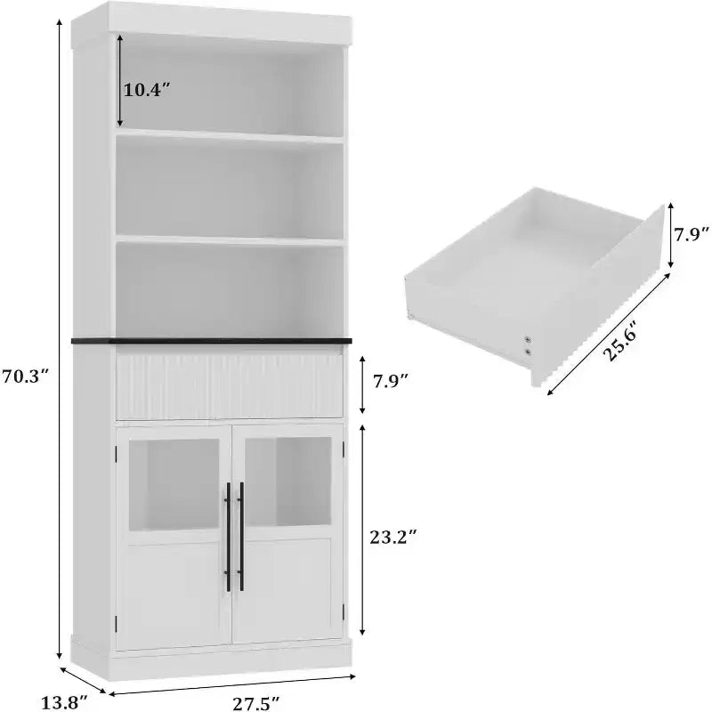 70 Tall Kitchen Pantry Cabinet with Drawer & Glass Doors, Floor Storage Cabinet for Bathroom, Office, Living Room, Dining Room, Entryway