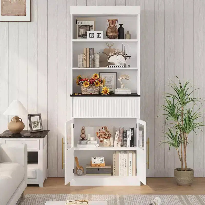 70 Tall Kitchen Pantry Cabinet with Drawer & Glass Doors, Floor Storage Cabinet for Bathroom, Office, Living Room, Dining Room, Entryway