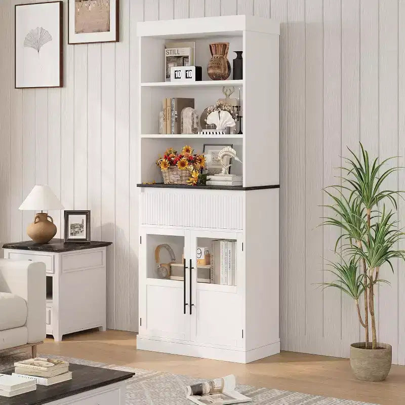 70 Tall Kitchen Pantry Cabinet with Drawer & Glass Doors, Floor Storage Cabinet for Bathroom, Office, Living Room, Dining Room, Entryway