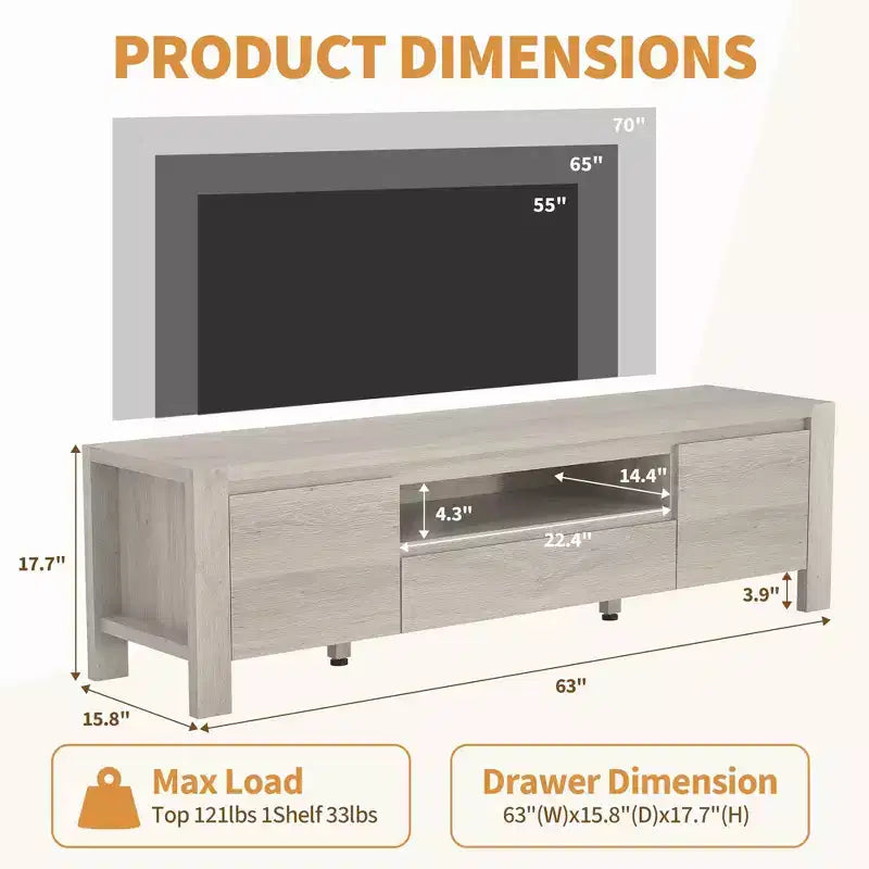 63 TV Stand with Doors and Cabinet, Farmhouse Entertainment Center, Entertainment Stand for TVs Up to 70, TV Console for Living Room, Bedroom