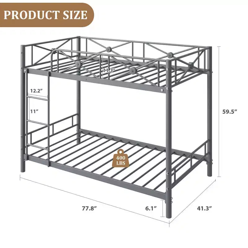 Metal Bunk Bed with Floral Design, Twin Over Twin Bunkbed with Safety Guardrail & Quiet Stability, Space-Saver for Kids Rooms