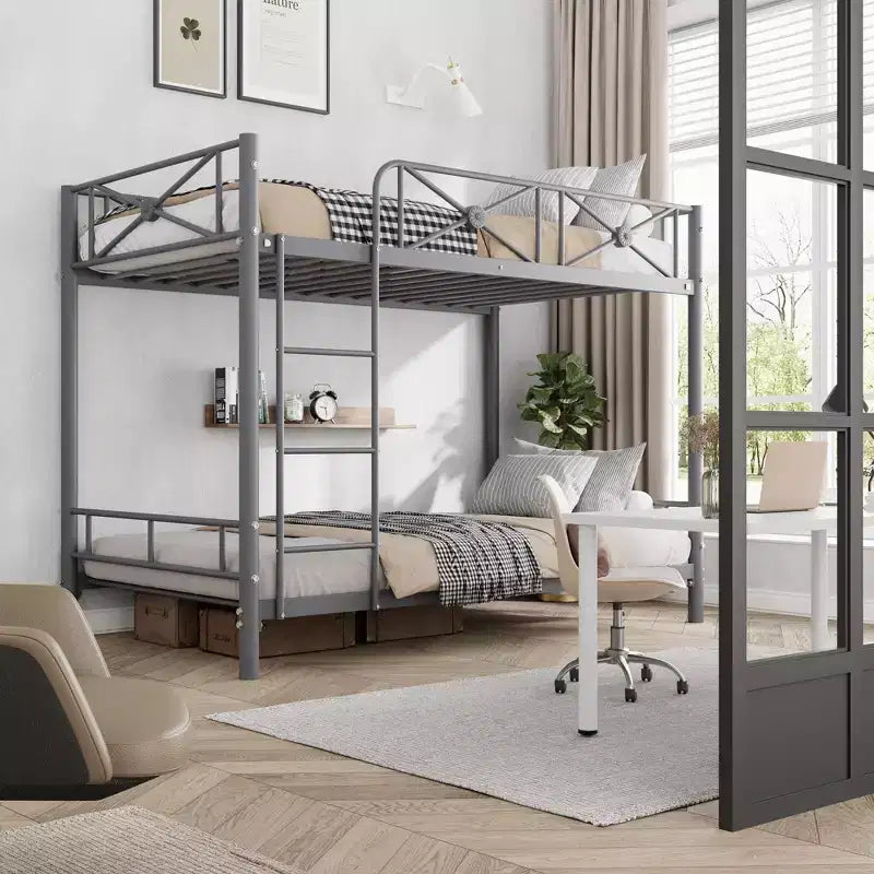 Metal Bunk Bed with Floral Design, Twin Over Twin Bunkbed with Safety Guardrail & Quiet Stability, Space-Saver for Kids Rooms
