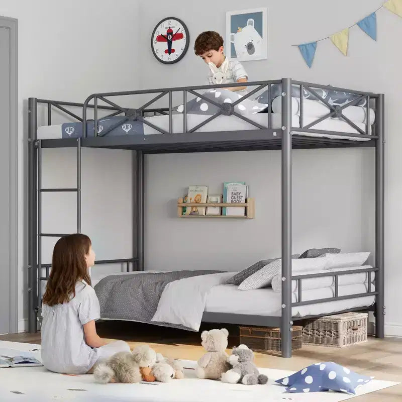Metal Bunk Bed with Floral Design, Twin Over Twin Bunkbed with Safety Guardrail & Quiet Stability, Space-Saver for Kids Rooms