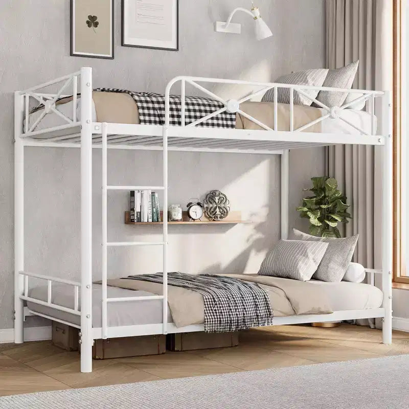 Metal Bunk Bed with Floral Design, Twin Over Twin Bunkbed with Safety Guardrail & Quiet Stability, Space-Saver for Kids Rooms