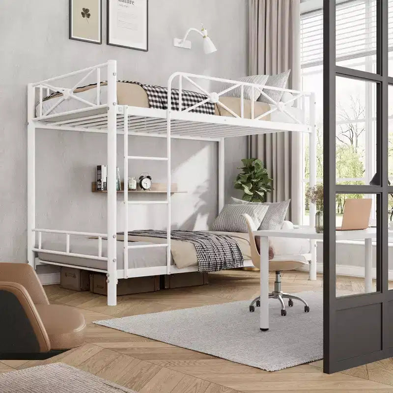 Metal Bunk Bed with Floral Design, Twin Over Twin Bunkbed with Safety Guardrail & Quiet Stability, Space-Saver for Kids Rooms