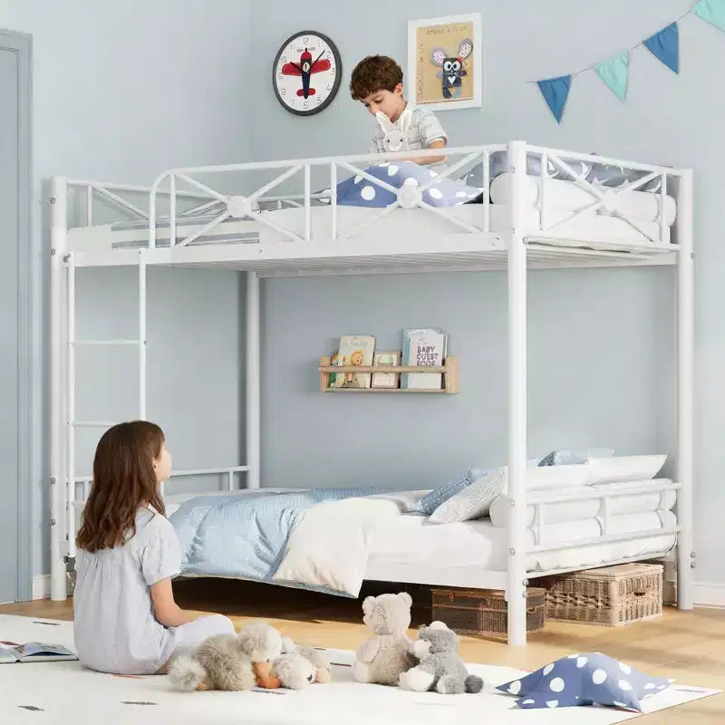 Metal Bunk Bed with Floral Design, Twin Over Twin Bunkbed with Safety Guardrail & Quiet Stability, Space-Saver for Kids Rooms