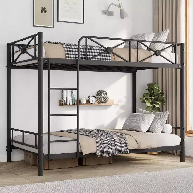 Metal Bunk Bed with Floral Design, Twin Over Twin Bunkbed with Safety Guardrail & Quiet Stability, Space-Saver for Kids Rooms