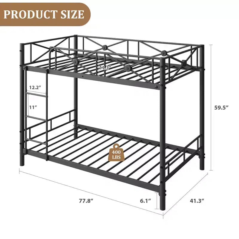 Metal Bunk Bed with Floral Design, Twin Over Twin Bunkbed with Safety Guardrail & Quiet Stability, Space-Saver for Kids Rooms