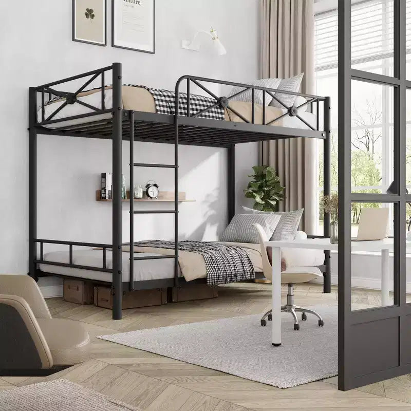 Metal Bunk Bed with Floral Design, Twin Over Twin Bunkbed with Safety Guardrail & Quiet Stability, Space-Saver for Kids Rooms